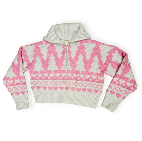 Jessica Simpson Winter Fuzzy Pink Christmas Tree Heart Cropped Half Zip Sweater - Picture 6 of 11